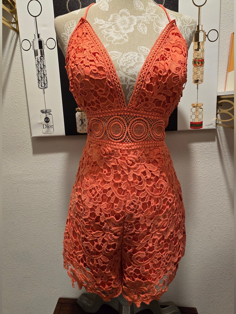 M Coral Crochet Lace Plunge Romper